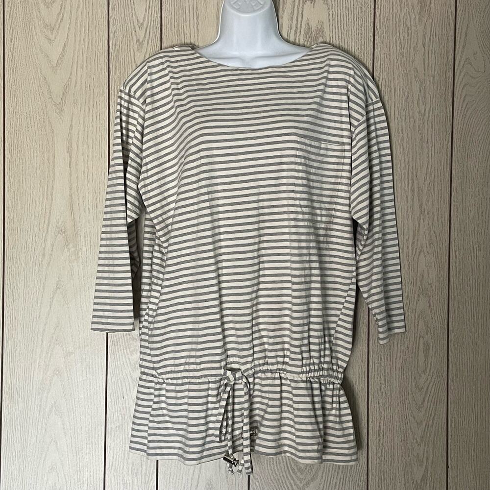 Vintage Oversized Tunic Sz M Drawstring Drop Waist Cream with Gray Stripes Retro